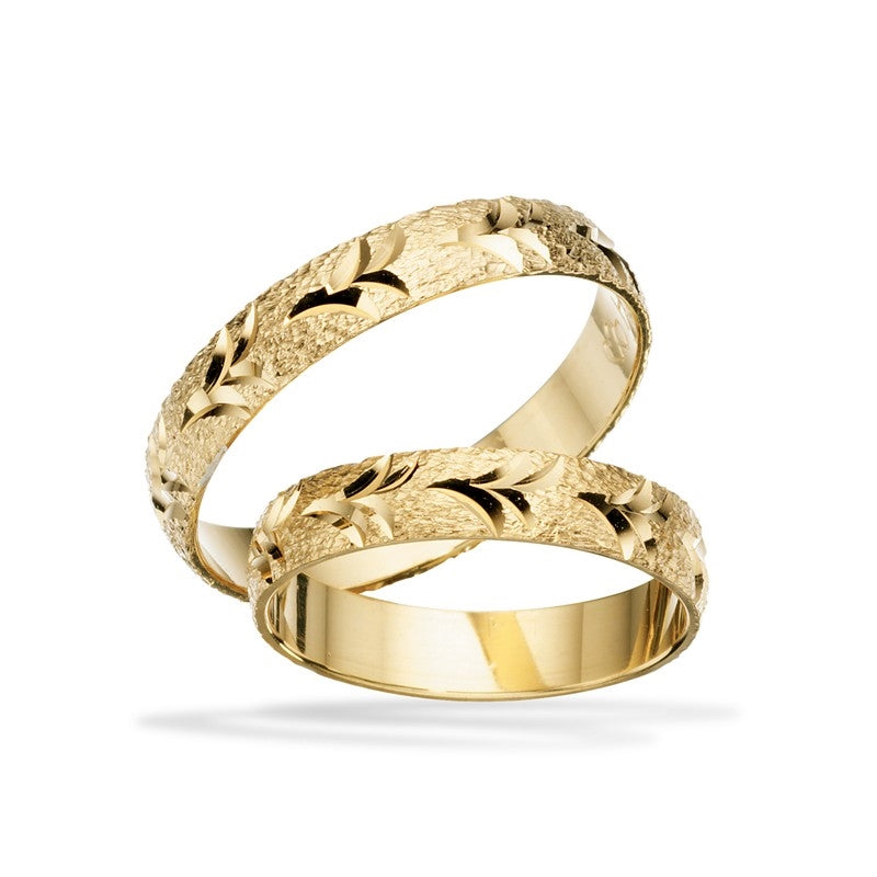 Unikke Scrouples vielsesringe i 8 eller 14 karat guld med rustikt mønster, 4 mm.